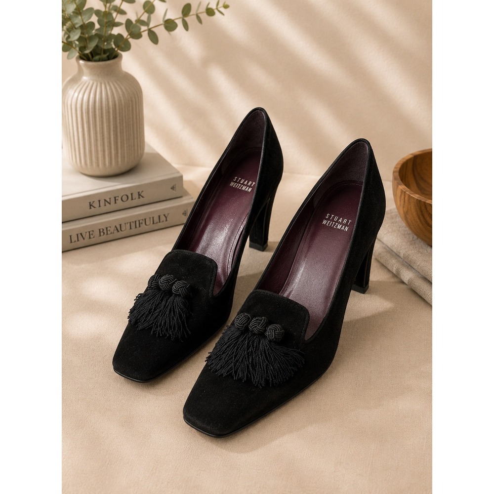 Stuart Weitzman Tasstrio Black Suede Tassel Loafer Pumps Block Heel Size 8M
